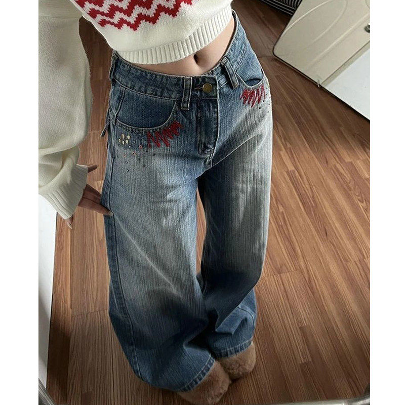 美式复古蓝刺绣阔腿牛仔裤女2026春季新款高腰水洗宽松垂感拖地裤