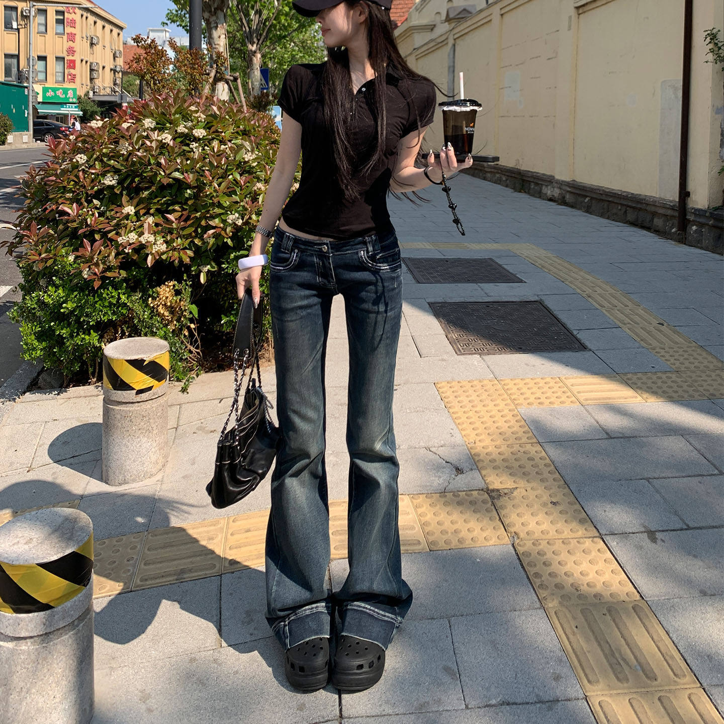 易梦玲同款覆古深蓝色低腰微喇牛仔裤女夏季薄款显瘦设计感喇叭裤