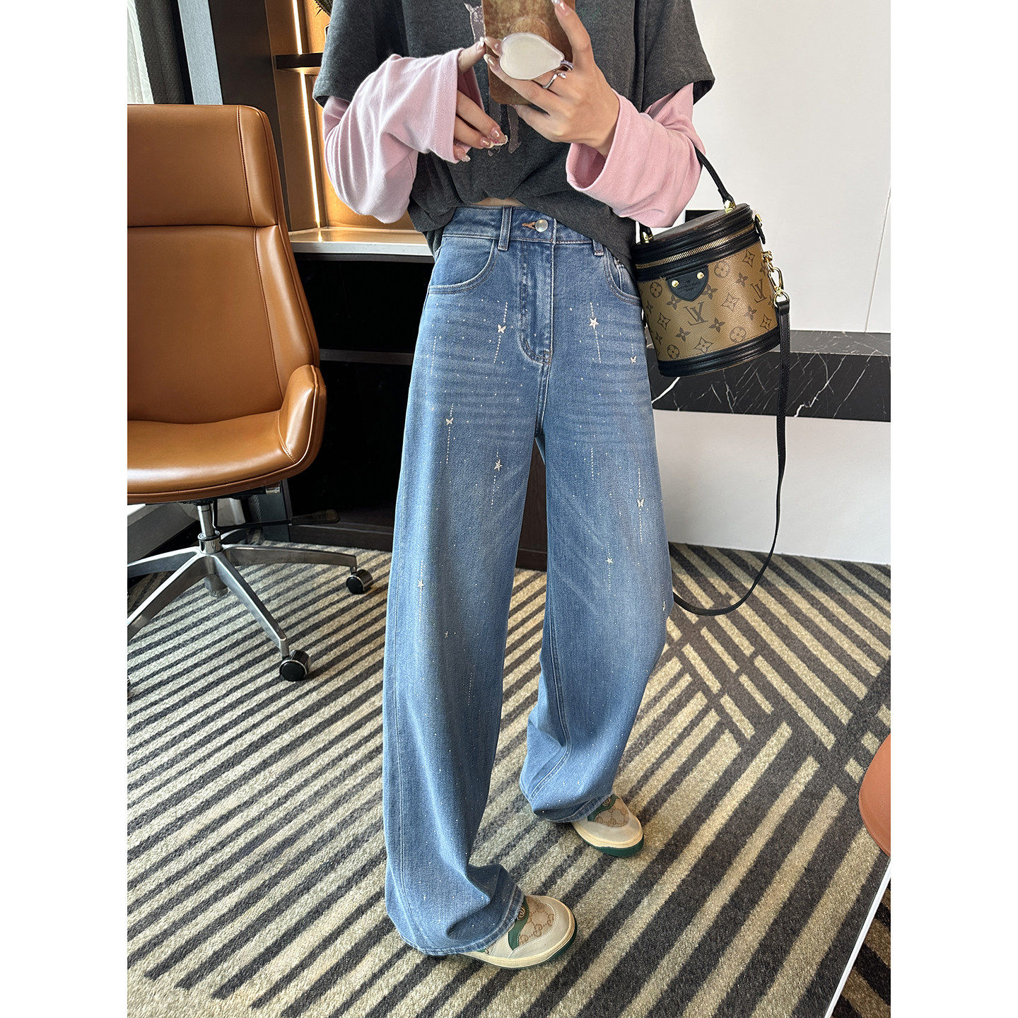 闪闪惹人爱！~双版本烫钻牛仔裤女2026新款春季设计感宽松阔腿裤