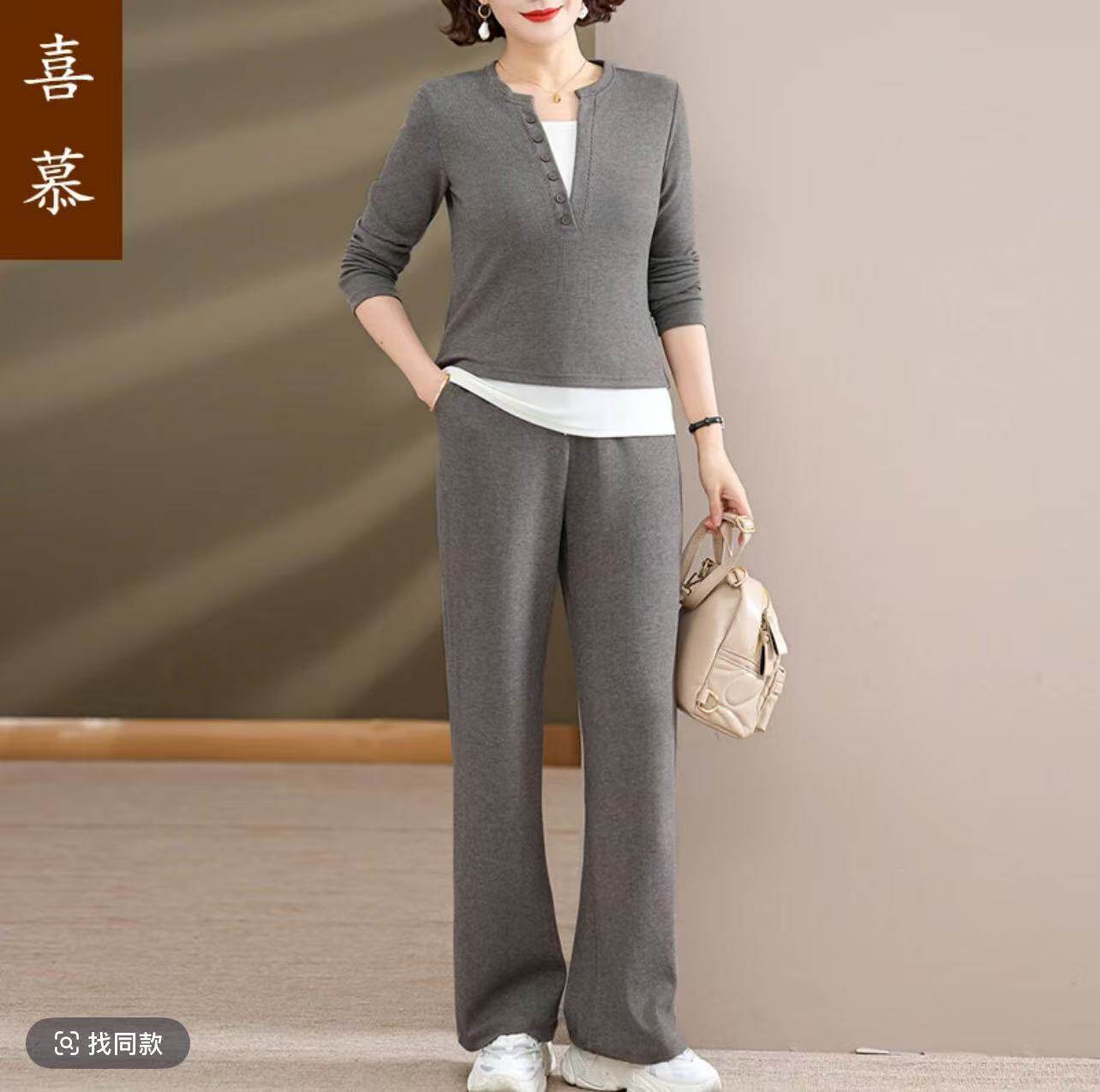 秋季新款洋气长袖上衣女休闲运动妈妈装两件套女