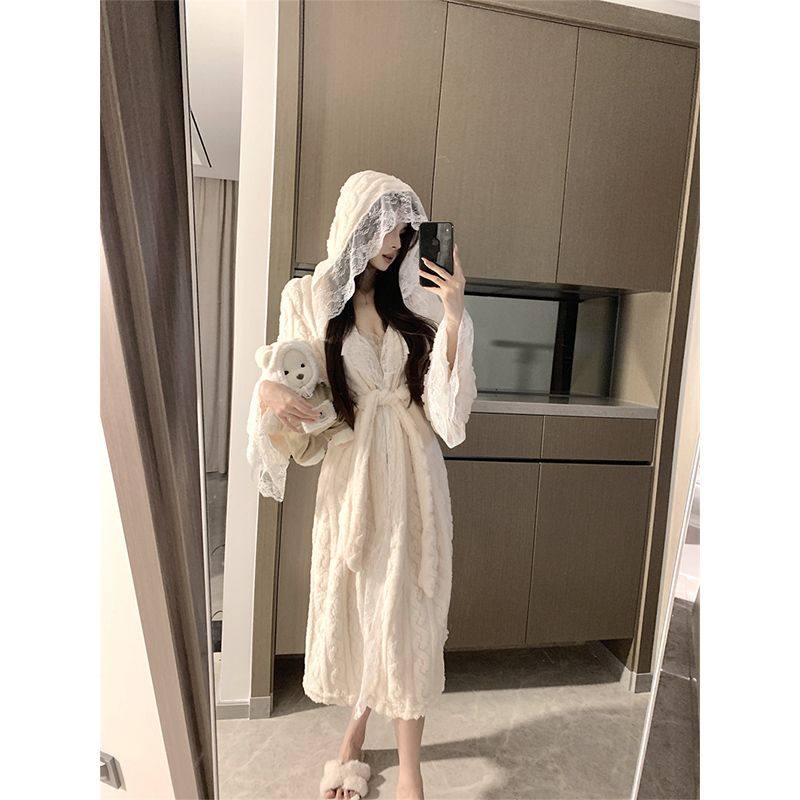 超仙法式珊瑚绒加厚性感睡袍连帽蕾丝公主风浴袍睡衣女秋冬家居服
