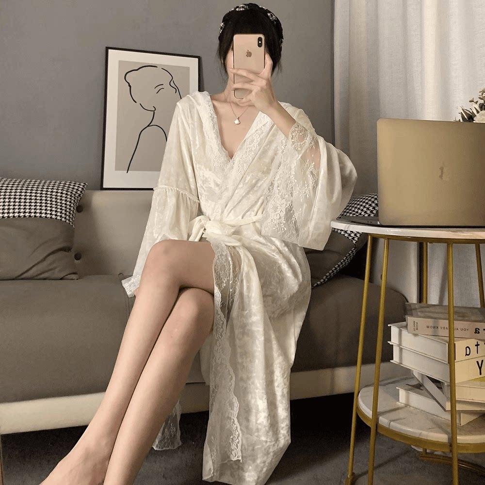 睡衣女秋冬季长袖性感睡袍长款连帽蕾丝纯欲宫廷风浴袍春秋家居服