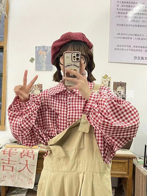 日系超仙慵懒风红S格子衬衫女学生春夏季新款宽松百搭衬上衣ins潮