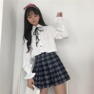 春装新款女装韩版小清新纯色百搭上衣蝴蝶结系带衬衫学生长袖衬衣