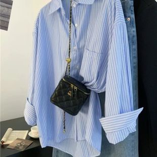 叠穿衬衣外套 女春秋设计感小众长袖 复古法式 慵懒风蓝色条纹衬衫