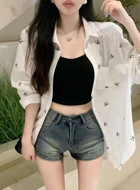 2025年夏季女装新款蝴蝶结印花宽松长袖白色小众设计防晒衬衫上衣