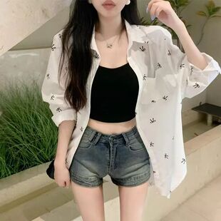 2025年夏季女装新款蝴蝶结印花宽松长袖白色小众设计防晒衬衫上衣