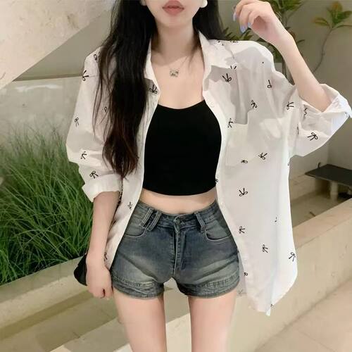 2025年夏季女装新款蝴蝶结印花宽松长袖白色小众设计防晒衬衫上衣