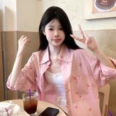 新款 夏季 甜美慵懒宽松防晒外套上衣女 衬衫 2025粉色蝴蝶结印花长袖