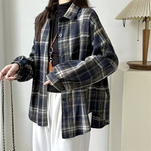 格子磨毛衬衫外套女2025年春秋季新品韩版宽松复古百搭显瘦衬衣潮