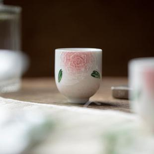 弥言白瓷玉泥甜白绘玫瑰花品茗杯家用香香茶杯纯手工聚陶瓷薄胎闻