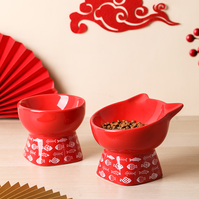猫碗陶瓷保护颈椎防打翻宠物用品狗狗斜口新年喜庆猫咪高脚猫食盆