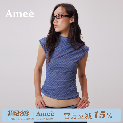 amee希腊蓝格网纱半高领背心