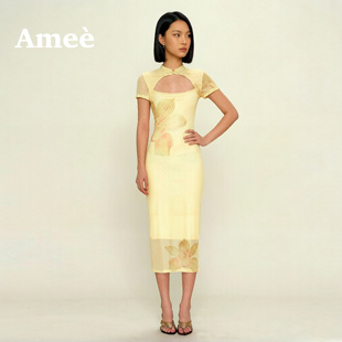 Amee新中式改良兰花旗袍连衣裙高弹印花网纱清冷国风氛围长裙
