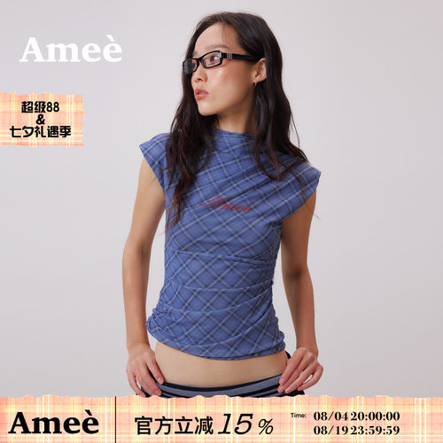 amee希腊蓝格网纱半高领背心