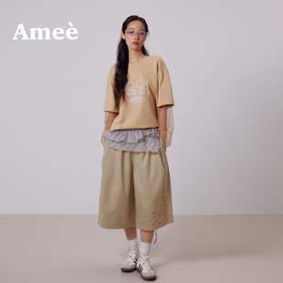 Amee美式游牧烫钻刺绣A字阔腿7分裤男女同款宽松低腰休闲西裤