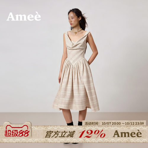Amee法式智性温柔荡领连衣裙夏季减龄格纹中长裙褶皱无袖伞裙