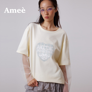 Amee美式纯棉拼接假两件短袖T恤男女网纱袖设计感宽松爱心上衣