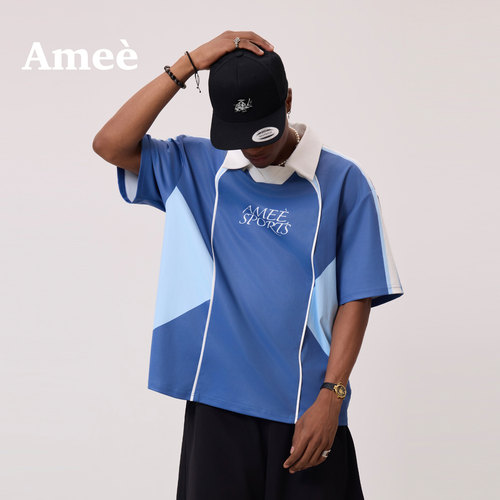 Amee美式复古蓝白撞色宽松T恤