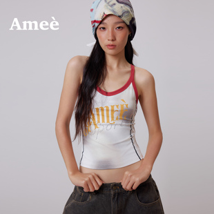 Amee白撞色字母烫钻背心女2026足球辣妹修身吊带运动风上衣显瘦