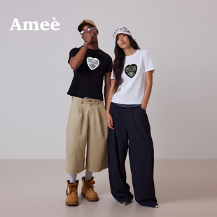 Amee美式复古短款黑白爱心T恤男女夏季修身正肩短袖上衣小众穿搭