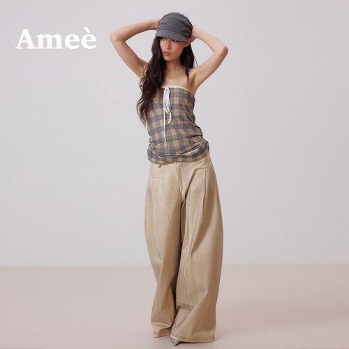 amee复古格纹显瘦露背抹胸