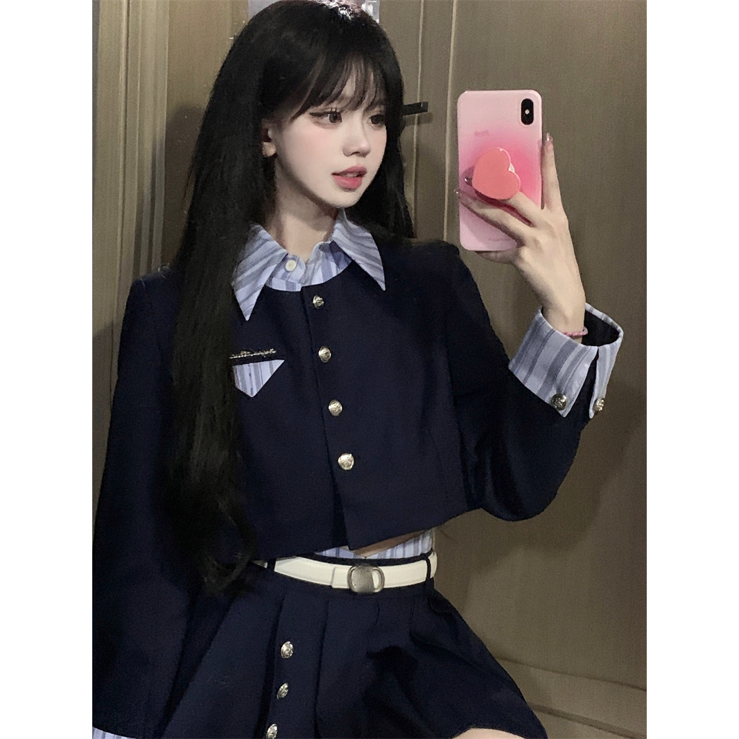 时尚轻美式藏青学院风撞色条纹假两件上衣高腰百褶半身裙套装