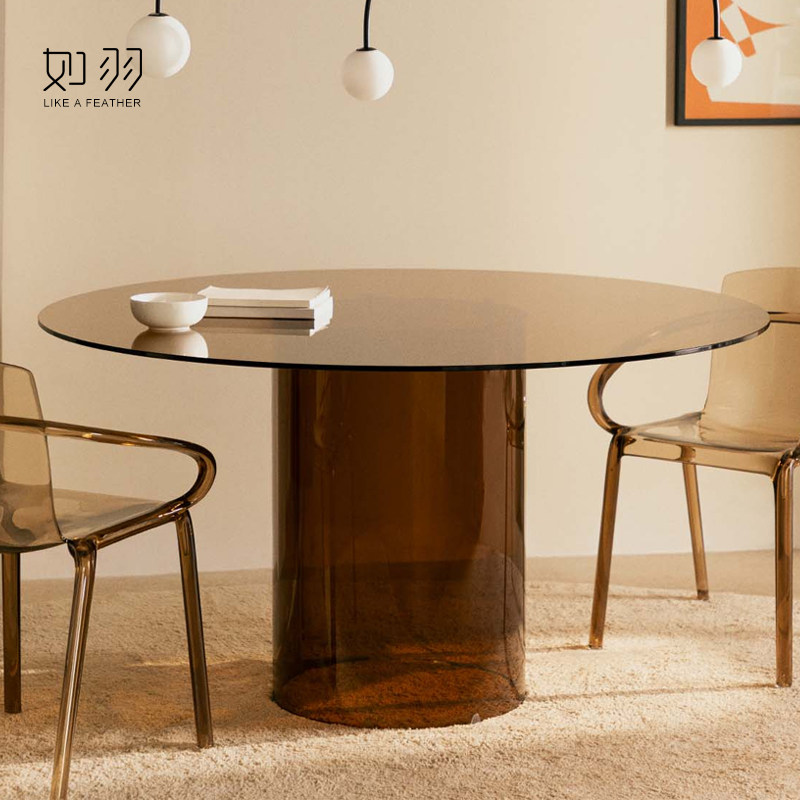 如羽 原创设计映月玻璃圆形餐桌简约装饰空间搭配茶色商务恰淡桌,住宅家具,玻璃餐桌,淘宝优惠券,粉丝福利购,淘宝优惠卷