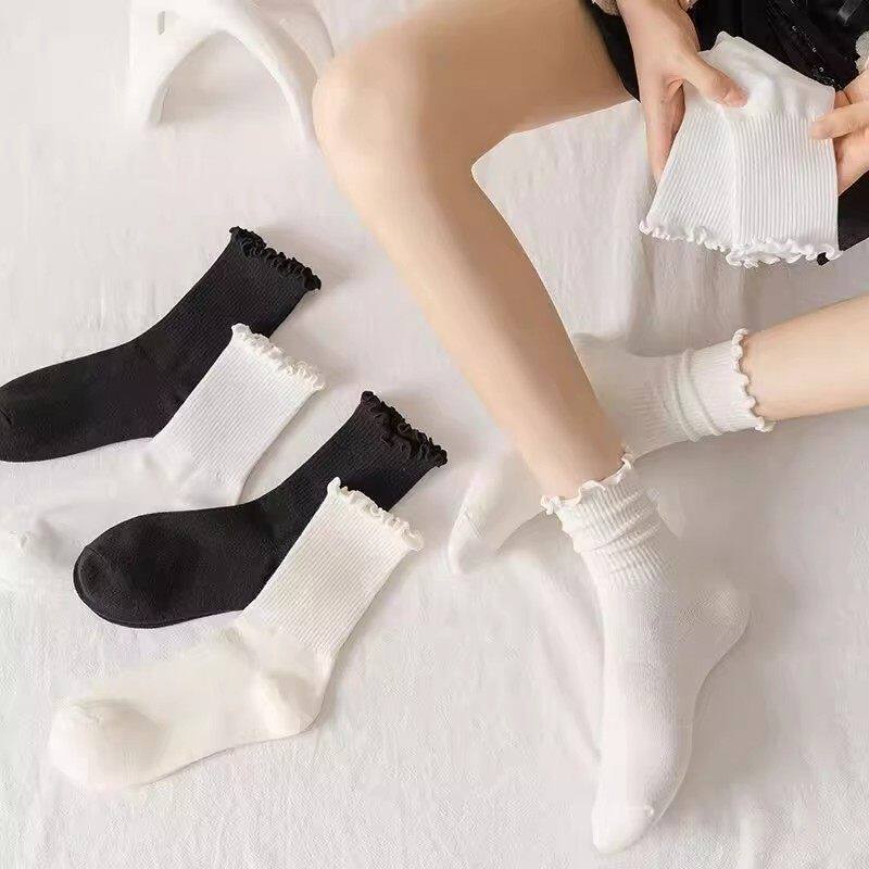 3双高质量白色花边袜子女堆堆袜图片