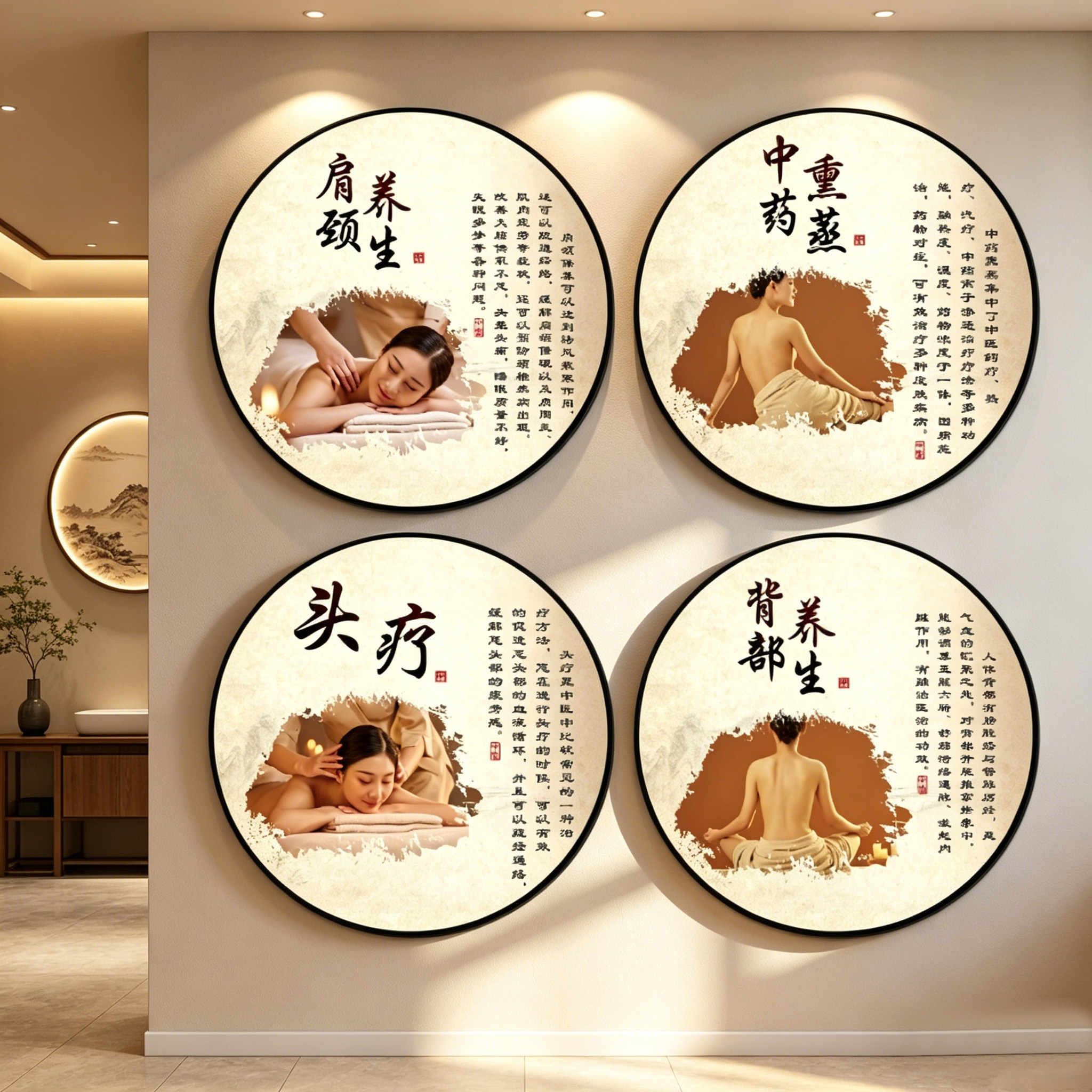 中医养生馆装饰画理疗店肩颈按摩文化墙美容院布置头疗店广告海报