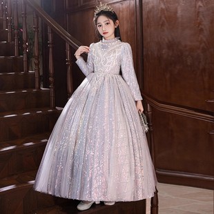 出租女童晚礼服高端秋冬长袖儿童主持人礼服钢琴演奏生日party裙