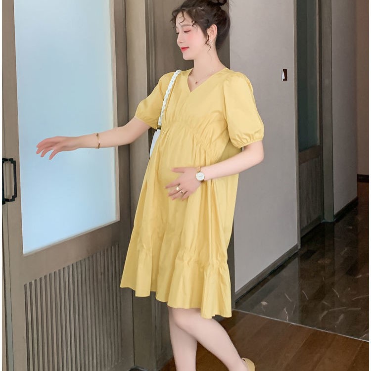 高档新款孕妇装夏季连衣裙宽松中长款时尚V领潮妈大码孕妇A字裙子