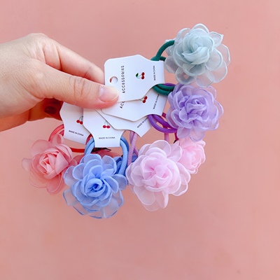 韩系田园风网纱花朵皮筋儿童清新可爱对装发圈头绳发饰头饰发绳女