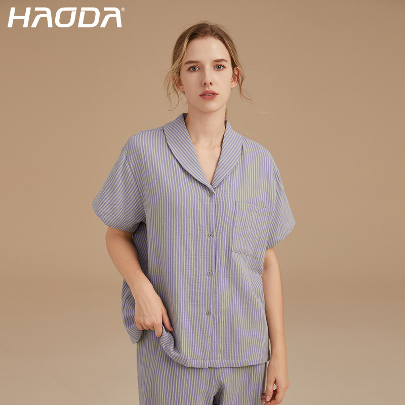 昊达全棉双层纱布短袖家居服套装春夏季女薄款纯棉睡衣女款可外穿
