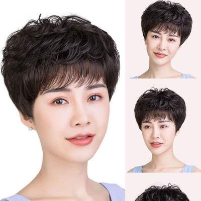 f假发女短发全头套中老年人女士自然发型真人发丝妈妈