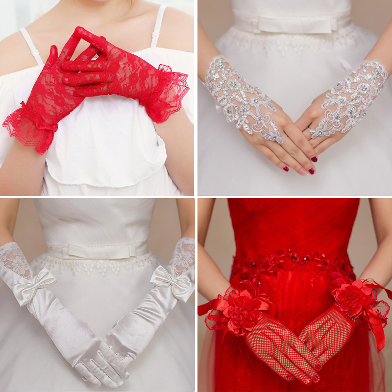 Bridal Gloves Lace Red White Wedding Gloves Wedding dress gloves short Long Satin Gloves