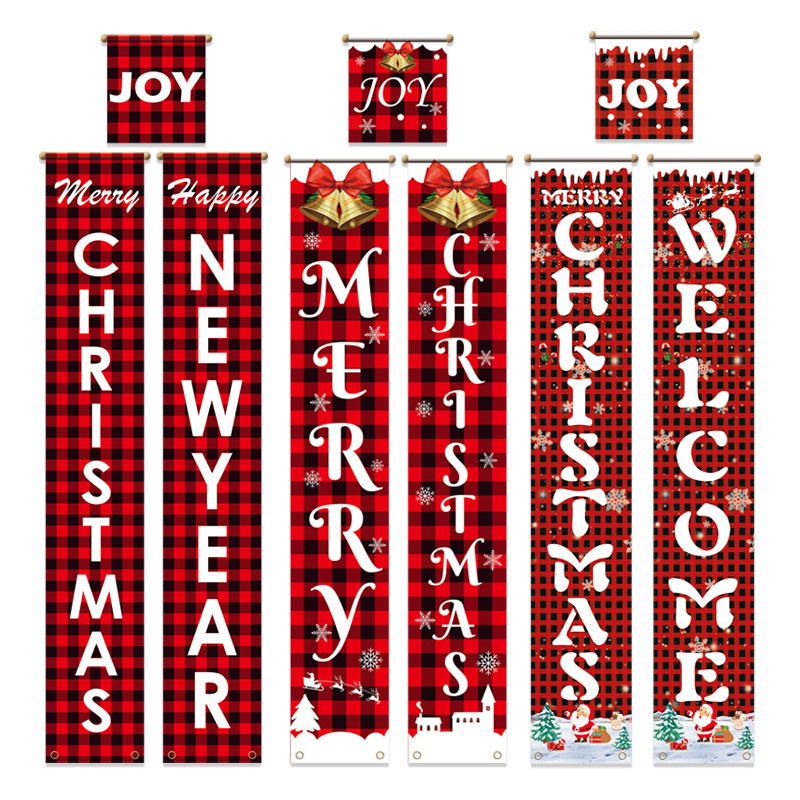 圣诞节装饰用品对联门帘红黑格子挂布圣诞节气氛场景布置