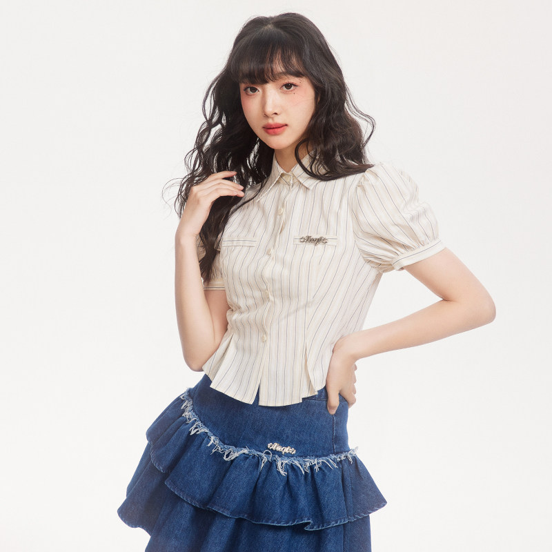 tnqt心碎创可贴【张元英同款】短款学院风夏季条纹短袖泡泡袖衬衫