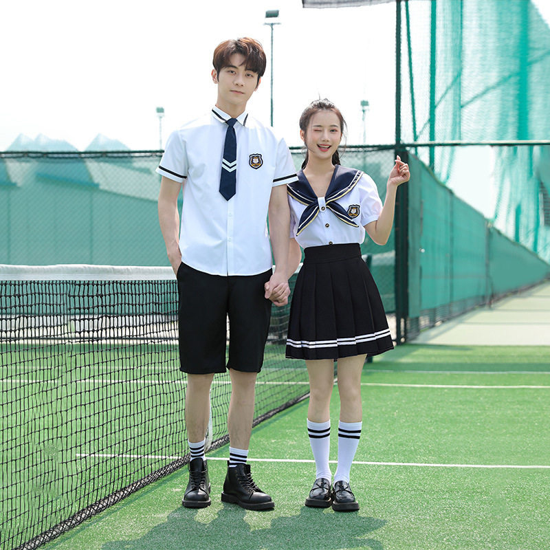 夏季初中高中生衬衫短袖毕业班服 情侣装水手服套装 校服印制LOGO