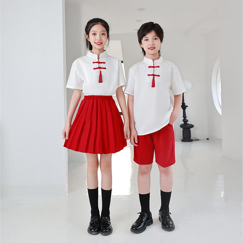 儿童中国风表演服中小学运动会班服红色爱国朗诵学生校服学院风
