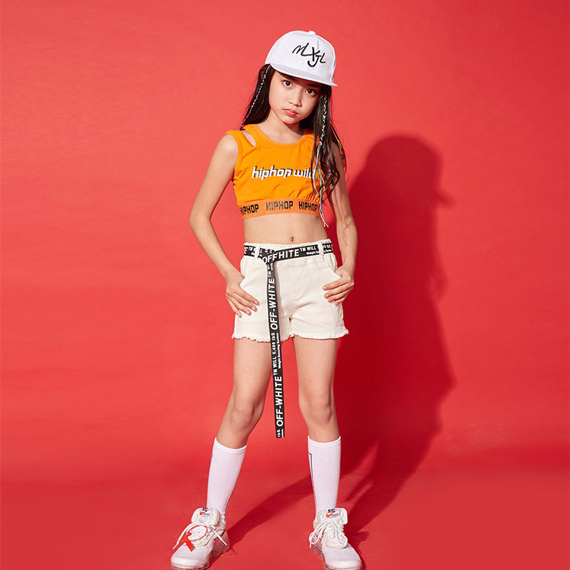 儿童爵士舞服装演出服露脐背心短裤套装女童走秀现代舞表演衣服潮