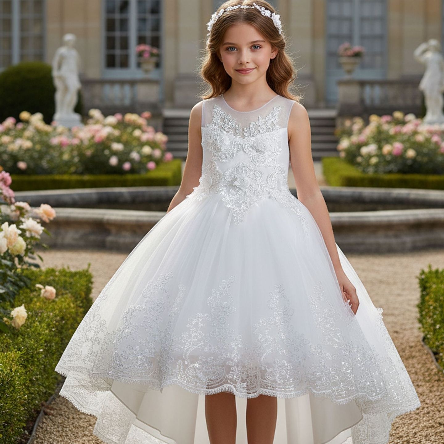 欧美女童公主裙拖尾礼服裙穿珠订花连衣无袖亮片舞蹈表演服dress