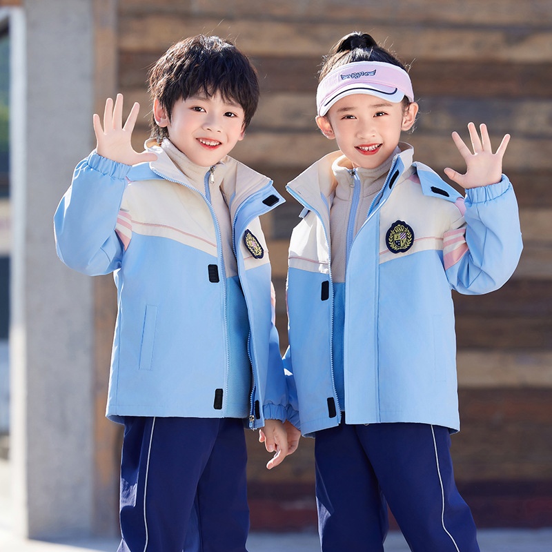 幼儿园园服秋冬新款蓝色冲锋衣三件套加厚男女儿童班服小学生校服