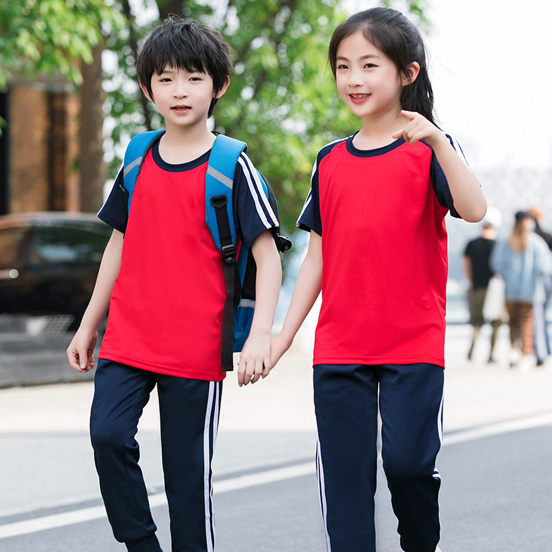 夏季短袖T恤中小学生校服套装儿童POLO衫浅蓝白红运动幼儿园园服