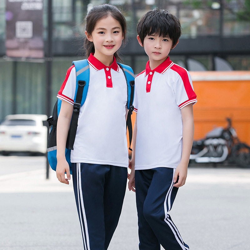 夏季短袖T恤中小学生校服套装儿童POLO衫浅蓝白红运动幼儿园园服