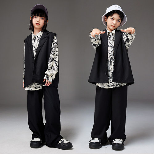 儿童街舞潮服hiphop演出西服套装女孩t台走秀马甲爵士舞表演服装