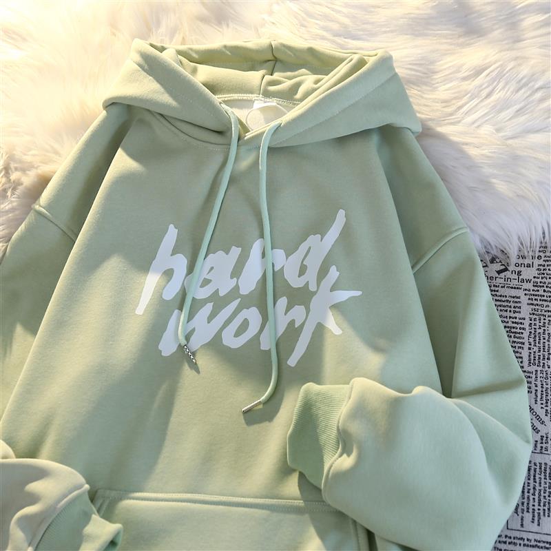 2023新款纯棉早春淡绿色加绒加厚连帽卫衣女秋冬宽松韩版套头外套