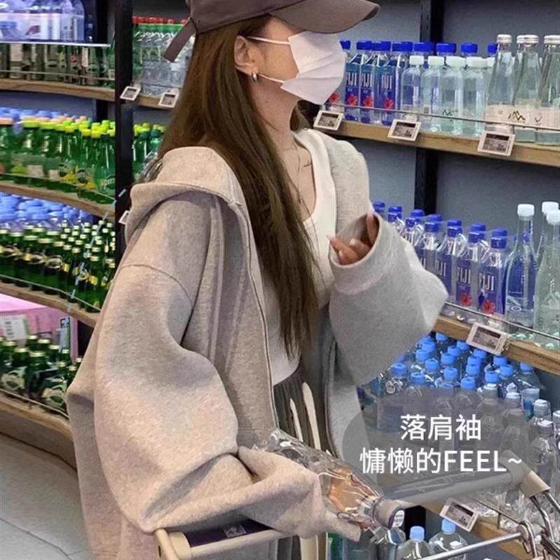 藏蓝色连帽卫衣宽松加绒拉炼开衫外套女秋冬新款大码显瘦休闲上衣