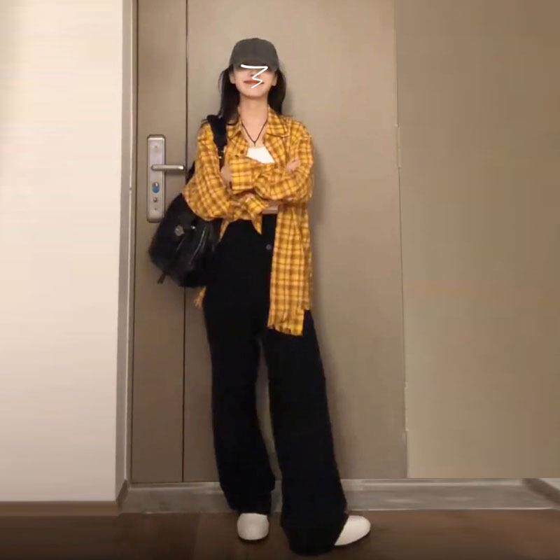 早春季黄色格子衬衫女春秋2025新款薄款长袖上衣慵懒防晒衬衣外套