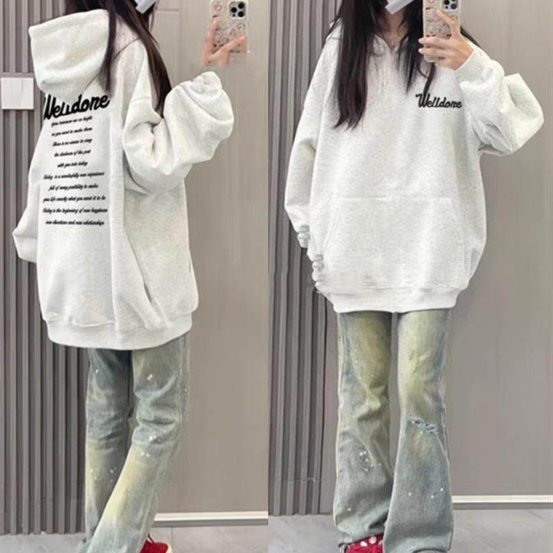 大童初中生美式连帽卫衣女春秋爆款加绒高中学生oversize外套上衣